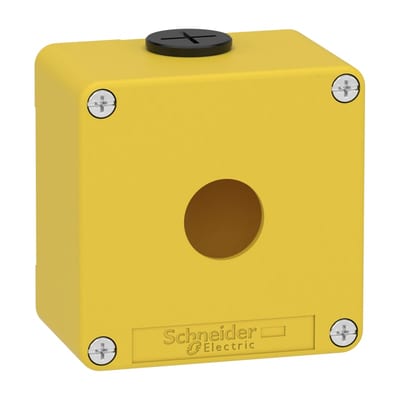 Schneider Electric Harmony XAP, XB2 SL, Empty control station, zinc alloy, yellow, M20, 1 cut-out 22mm, 80 x 80 x 51,5, UL cULus XAPK1201