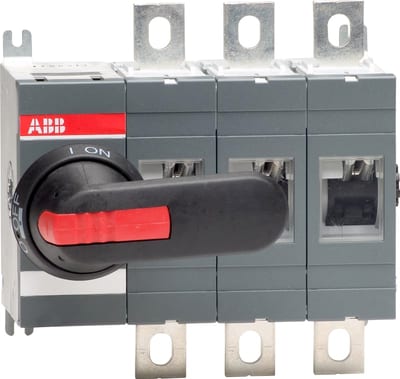 ABB 3-Pole, front operated, base mounted switch-disconnector with black IP65 handle and shaft, terminal bolt kit included OT200E03P