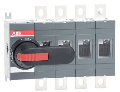 ABB 4-Pole, front operated, base mounted switch-disconnector with black IP65 handle and shaft, terminal bolt kit included OT250E04P