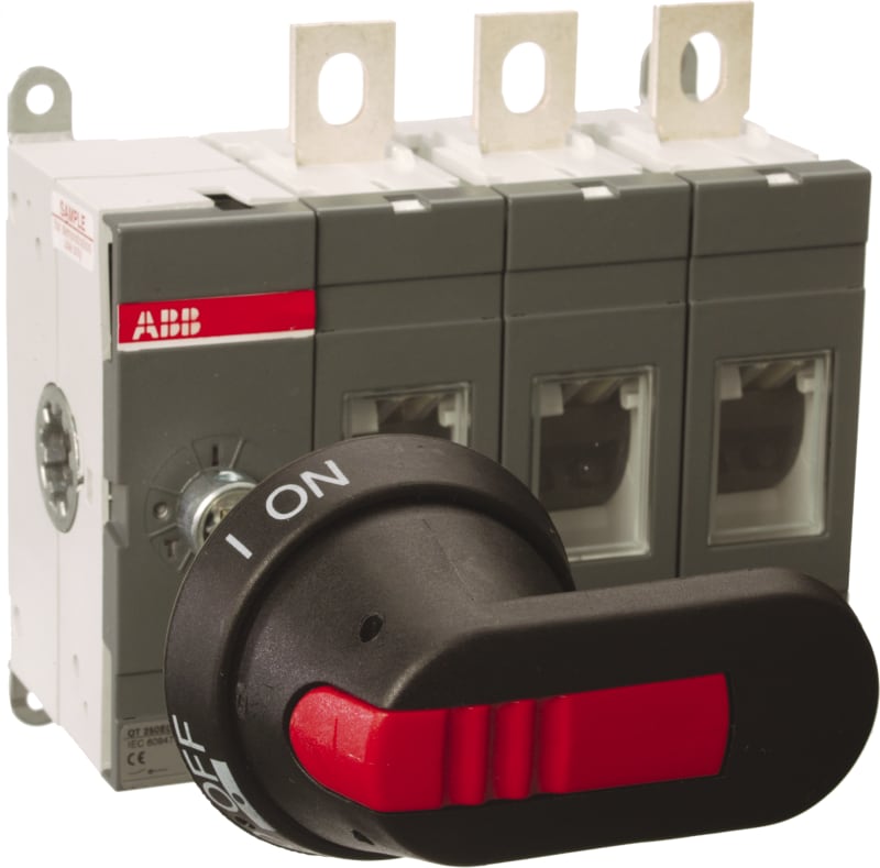 ABB 4-Pole, front operated, base mounted switch-disconnector with black IP65 handle and shaft, terminal bolt kit included OT250E40P