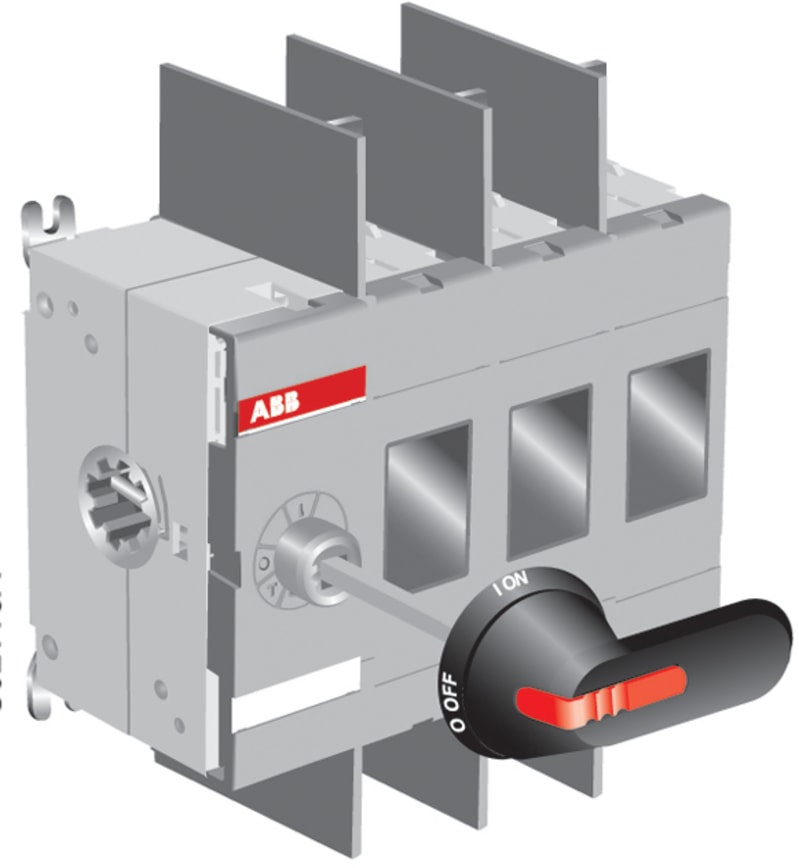 ABB 3-Pole, front operated, base mounted switch-disconnector with black IP65 handle and shaft, wide phase distance, terminal bolt kit included OT250E03WP