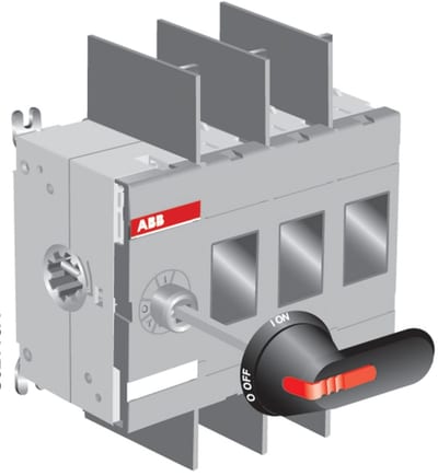 ABB 3-Pole, front operated, base mounted switch-disconnector with black IP65 handle and shaft, wide phase distance, terminal bolt kit included OT250E03WP