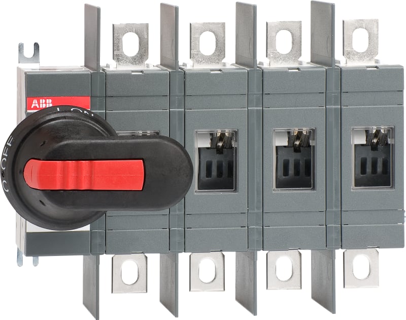 ABB 4-Pole, front operated, base mounted switch-disconnector with black IP65 handle and shaft, wide phase distance, terminal bolt kit included OT250E04WP