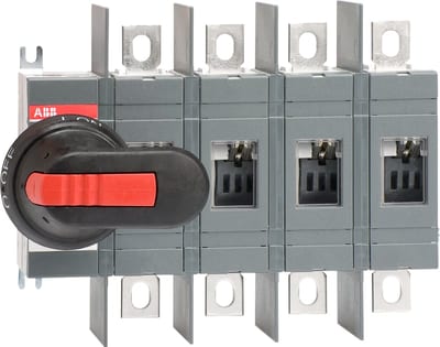 ABB 4-Pole, front operated, base mounted switch-disconnector with black IP65 handle and shaft, wide phase distance, terminal bolt kit included OT250E04WP