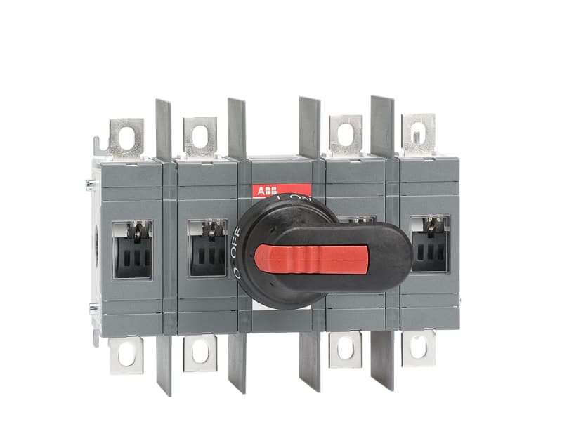 ABB 4-Pole, front operated, base mounted switch-disconnector with black IP65 handle and shaft, wide phase distance, terminal bolt kit included OT250E22WP