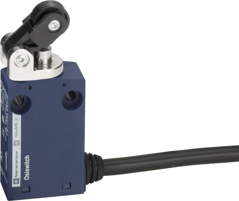 Telemecanique XCMN miniature limit switch, plastic body, thermoplastic roller lever plunger head, horizontal actuation, 1 NC + 1 NO, snap action, 1 m pre-wired cable, IP65 XCMN2121L1