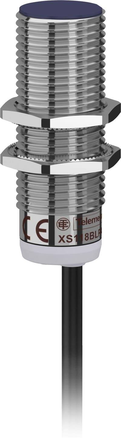 Telemecanique OsiSense XS118BLPAL2 Inductive Proximity Sensor — M18 barrel, Sn 5 mm, PNP, NO, pre-wired cable (2 m)