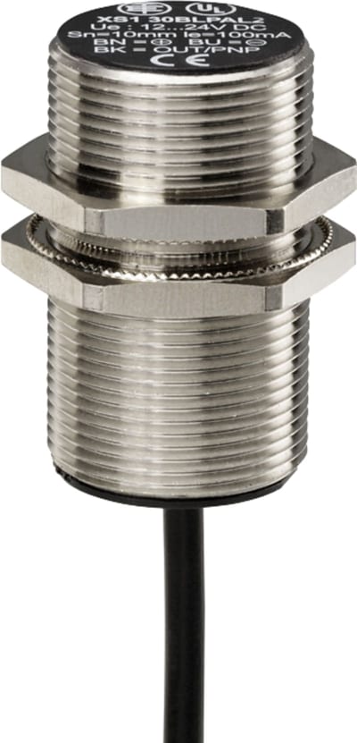 Telemecanique OsiSense XS130BLPBL2 Inductive Proximity Sensor — M30 barrel, Sn 10 mm, PNP, NC, pre-wired cable (2 m)