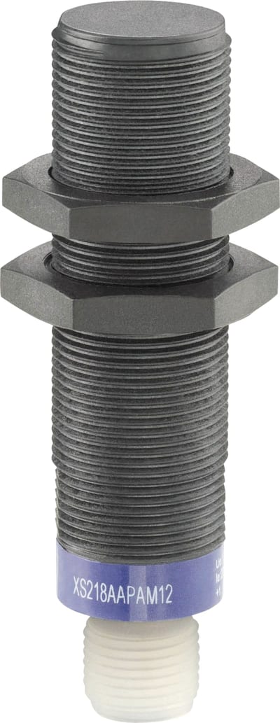 Telemecanique OsiSense XS218AAPAM12 Inductive Proximity Sensor — M18 barrel, Sn 12 mm, PNP, NO, M12 connector (4-Pin)