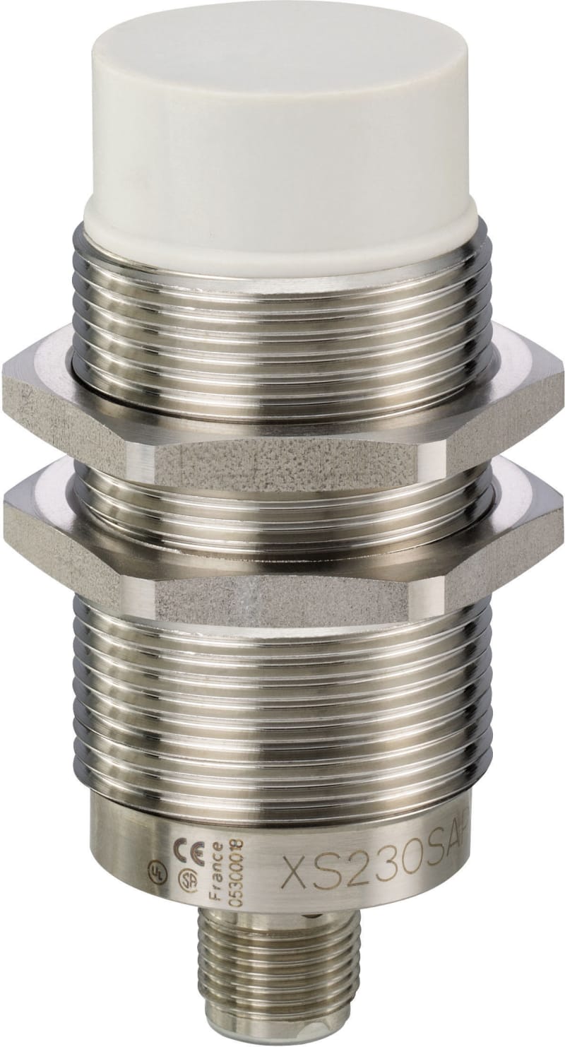 Telemecanique OsiSense XS230SAPAM12 Inductive Proximity Sensor — M30 stainless barrel, Sn 22 mm, PNP, NO, M12 connector (4-Pin)