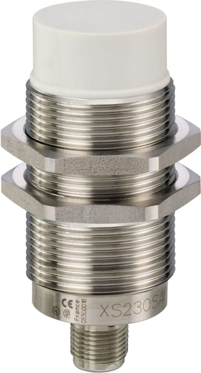 Telemecanique OsiSense XS230SAPAM12 Inductive Proximity Sensor — M30 stainless barrel, Sn 22 mm, PNP, NO, M12 connector (4-Pin)