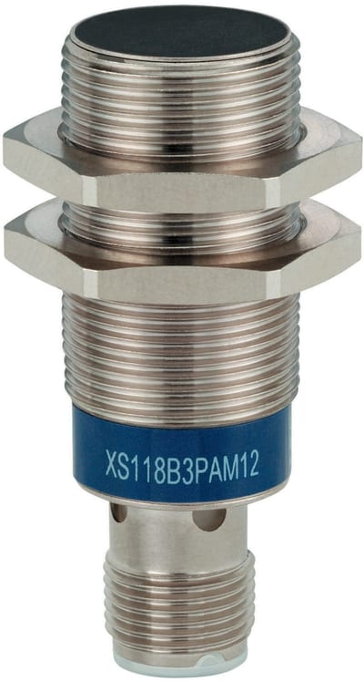 Telemecanique OsiSense XS518B1PAM12 Inductive Proximity Sensor — M18 barrel, Sn 5 mm, PNP, NO, M12 connector (4-Pin)