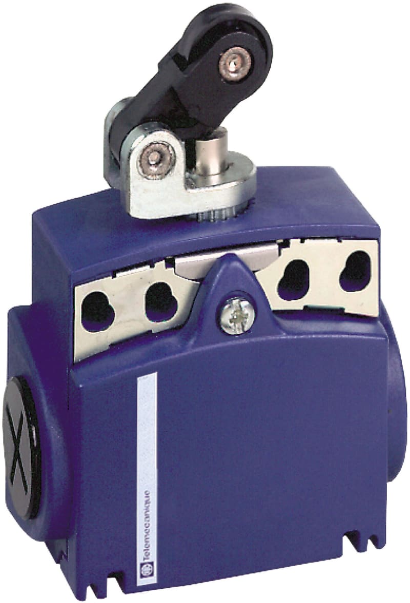 Telemecanique XCKT limit switch, plastic body, thermoplastic roller lever plunger head, horizontal actuation, 1 NC + 1 NO, snap action, spring return, M16 x 1.5 cable entry, IP66/IP67 XCKT2121P16