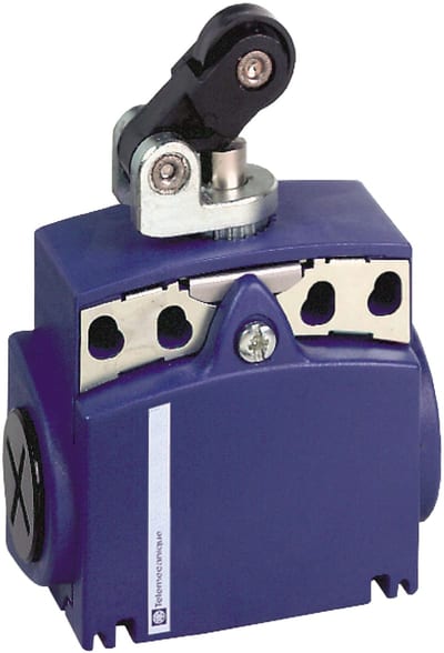 Telemecanique XCKT limit switch, plastic body, thermoplastic roller lever plunger head, horizontal actuation, 1 NC + 1 NO, snap action, spring return, M16 x 1.5 cable entry, IP66/IP67 XCKT2121P16