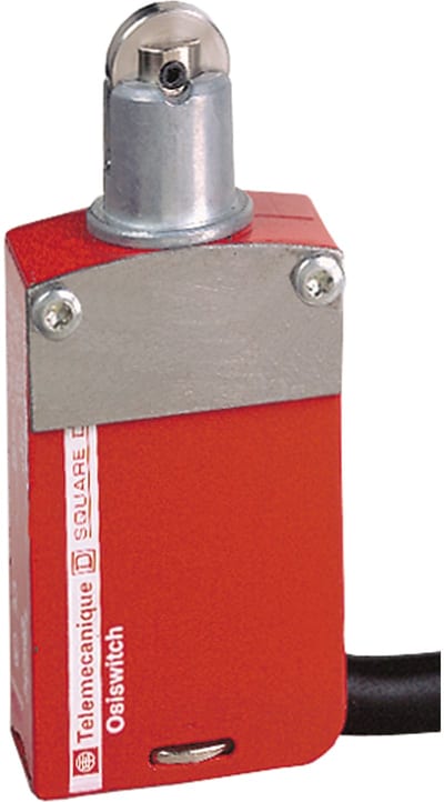 Telemecanique XCSM safety limit switch, metal Zamak body, roller plunger head, snap-action contacts, 2 NC + 1 NO with positive opening, 5 m pre-wired cable, IP68 XCSM3902L5