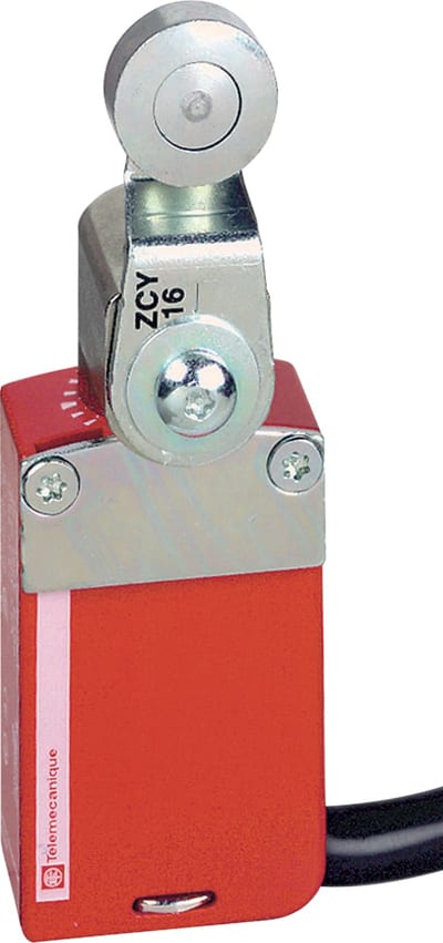Telemecanique XCSM safety limit switch, metal Zamak body, rotary head with steel roller lever, snap-action contacts, 2 NC + 1 NO with positive opening, 1 m pre-wired cable, IP68 XCSM3916L1