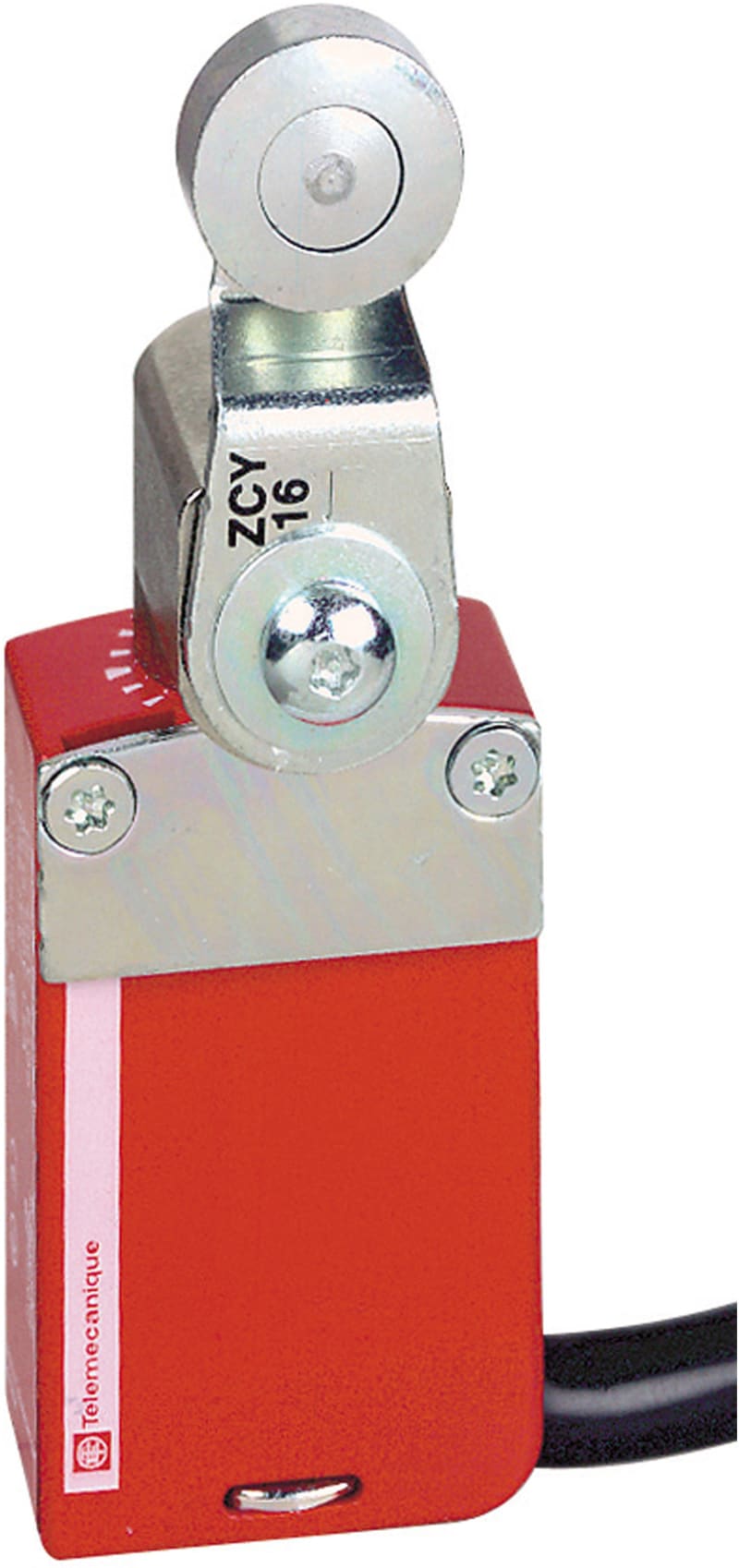 Telemecanique XCSM safety limit switch, metal Zamak body, rotary head with steel roller lever, snap-action contacts, 2 NC + 1 NO with positive opening, 5 m pre-wired cable, IP68 XCSM3916L5