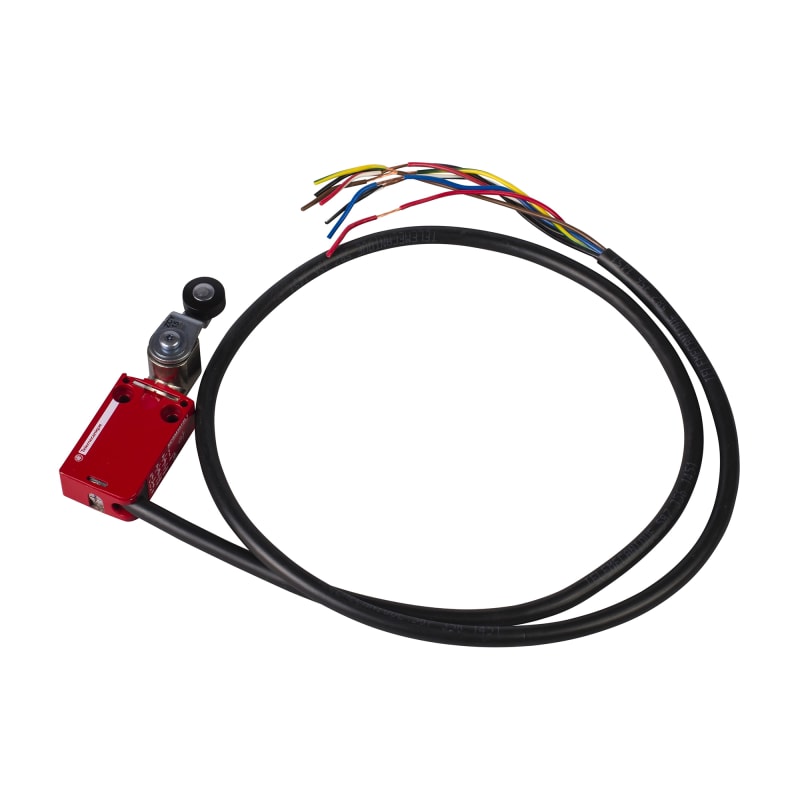 Telemecanique XCSM safety limit switch, metal Zamak body, rotary head with thermoplastic roller lever, snap-action contacts, 2 NC + 1 NO with positive opening, 5 m pre-wired cable, IP68 XCSM3915L5