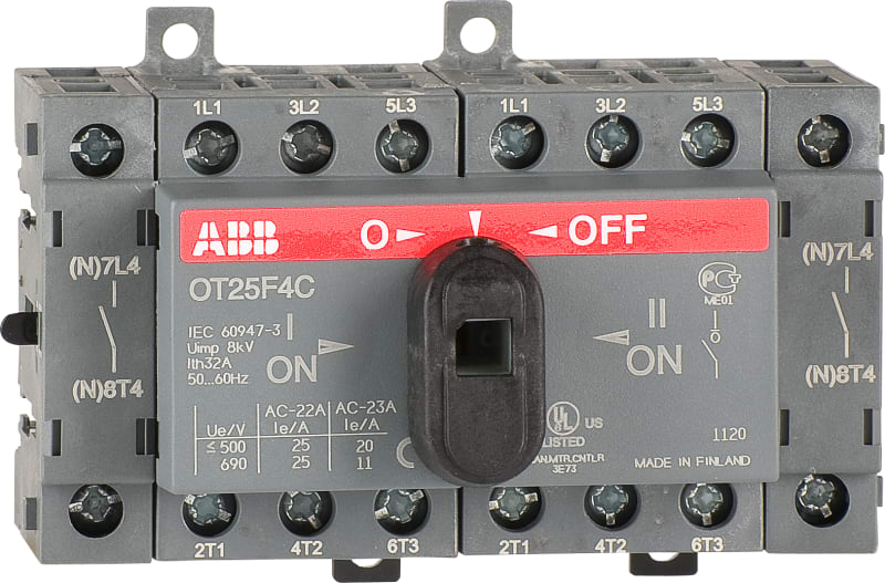 ABB OT25F4C 25A Manual Change-Over Switch, Handle and shaft need to be ordered separately, Open transition