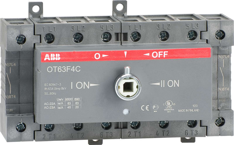 ABB OT63F4C 63A Manual Change-Over Switch, Handle and shaft need to be ordered separately, Open transition