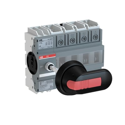 ABB 4-Pole, front operated, base mounted switch-disconnector with protected clamp terminals and with black IP65 handle and shaft OT160G04P