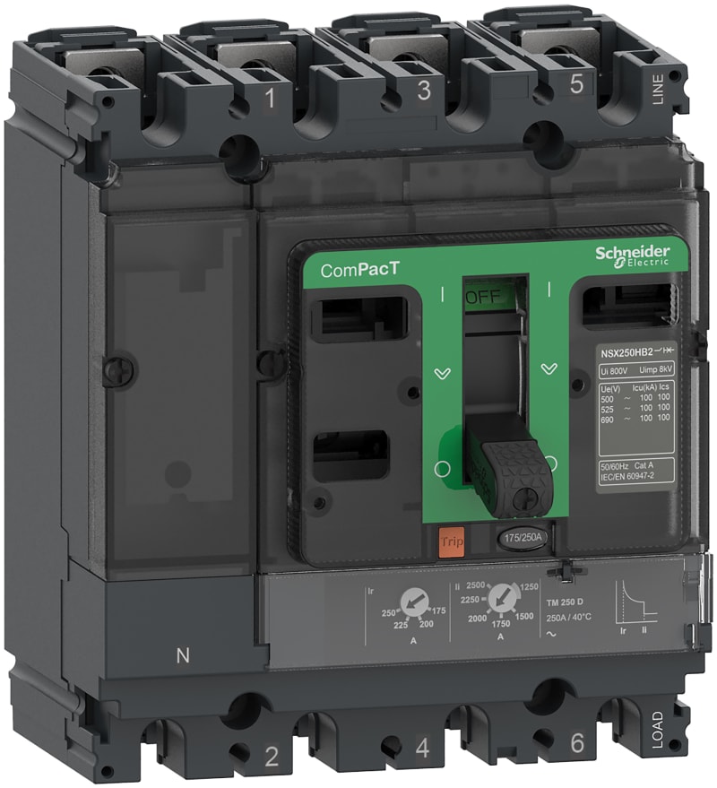 Schneider Electric Circuit breaker, ComPacT NSX100B, 25KA/415VAC, 4 poles 4D (neutral fully protected), TMD trip unit 80A C10B4TM080