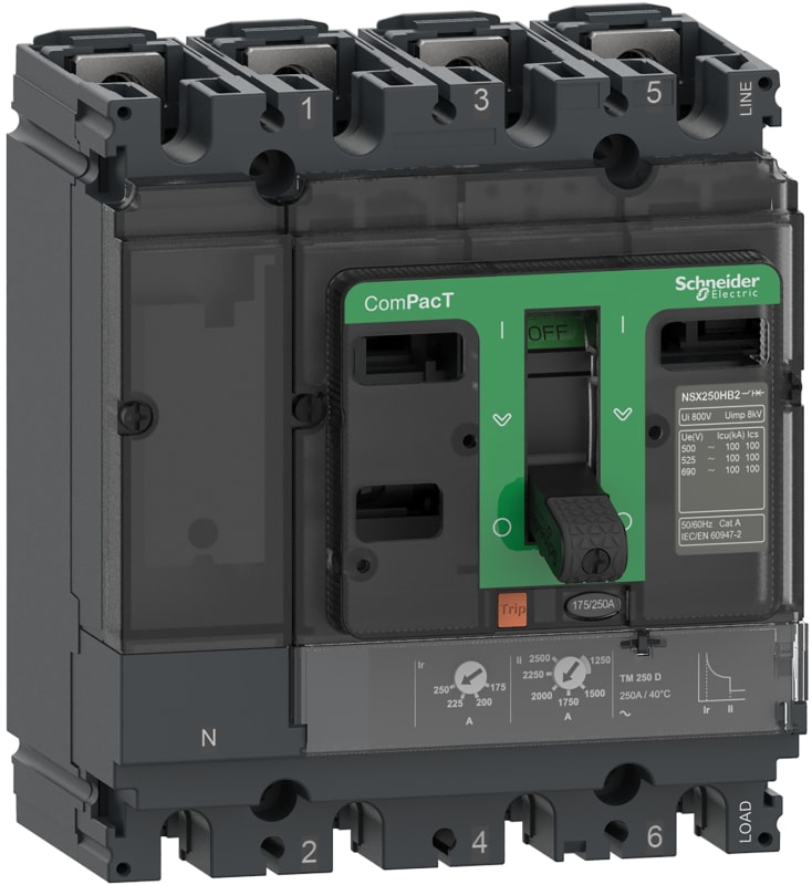 Schneider Electric Circuit breaker, ComPacT NSX160N, 50KA/415VAC, 4 poles 4D (neutral fully protected), TMD trip unit 125A C16N4TM125