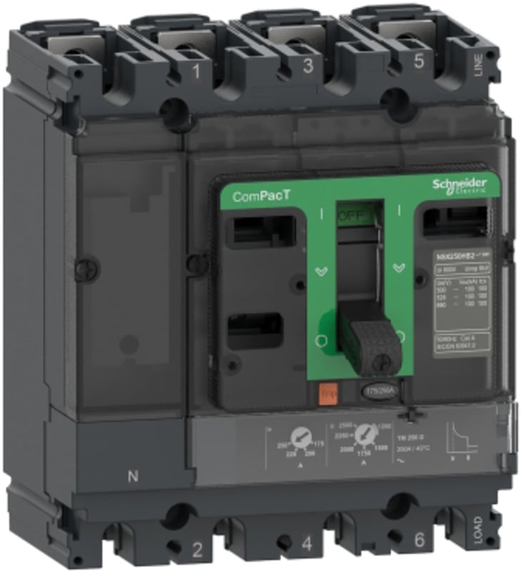 Schneider Electric Circuit breaker, ComPacT NSX250N, 50KA/415VAC, 4 poles 4D (neutral fully protected), TMD trip unit 250A C25N4TM250