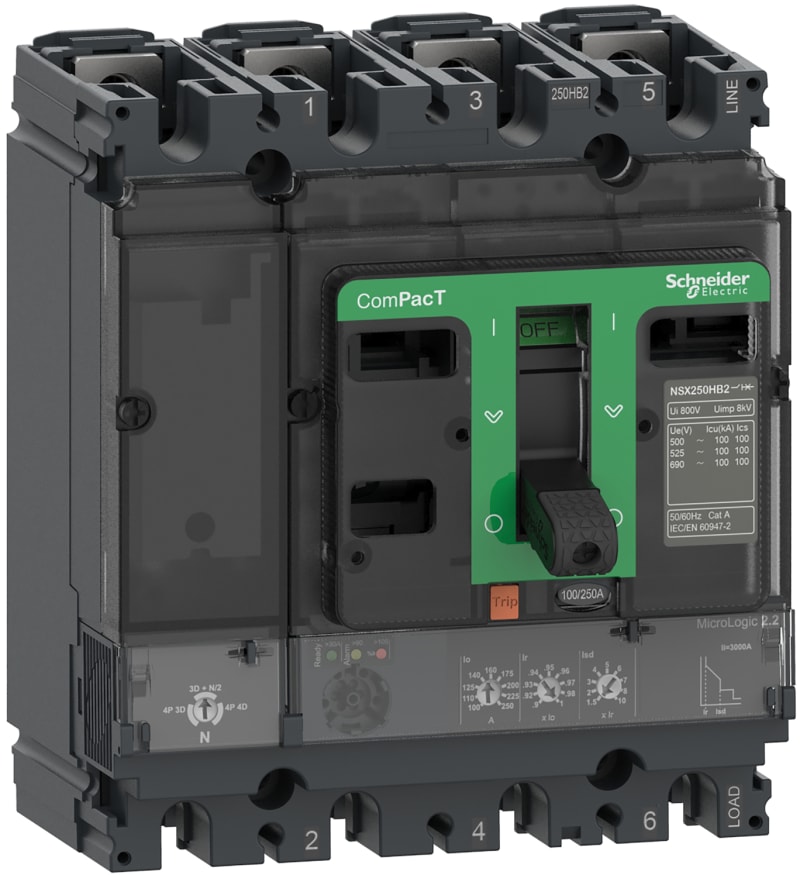Schneider Electric Circuit breaker, ComPacT NSX160N, 50KA/415VAC, 4 poles, MicroLogic 2.2 trip unit 100A C16N42D100