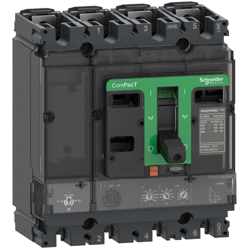 Schneider Electric Circuit breaker, ComPacT NSX250N, 50KA/415VAC, 4 poles, MicroLogic 2.2 trip unit 160A C25N42D160