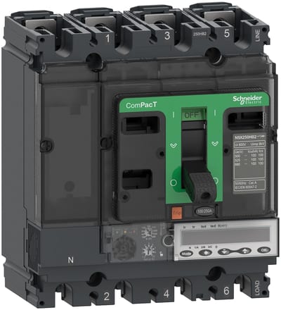 Schneider Electric Circuit breaker, ComPacT NSX250HB1, 75KA/690VAC, 4 poles, MicroLogic 5.2E trip unit 100A C25V45E100