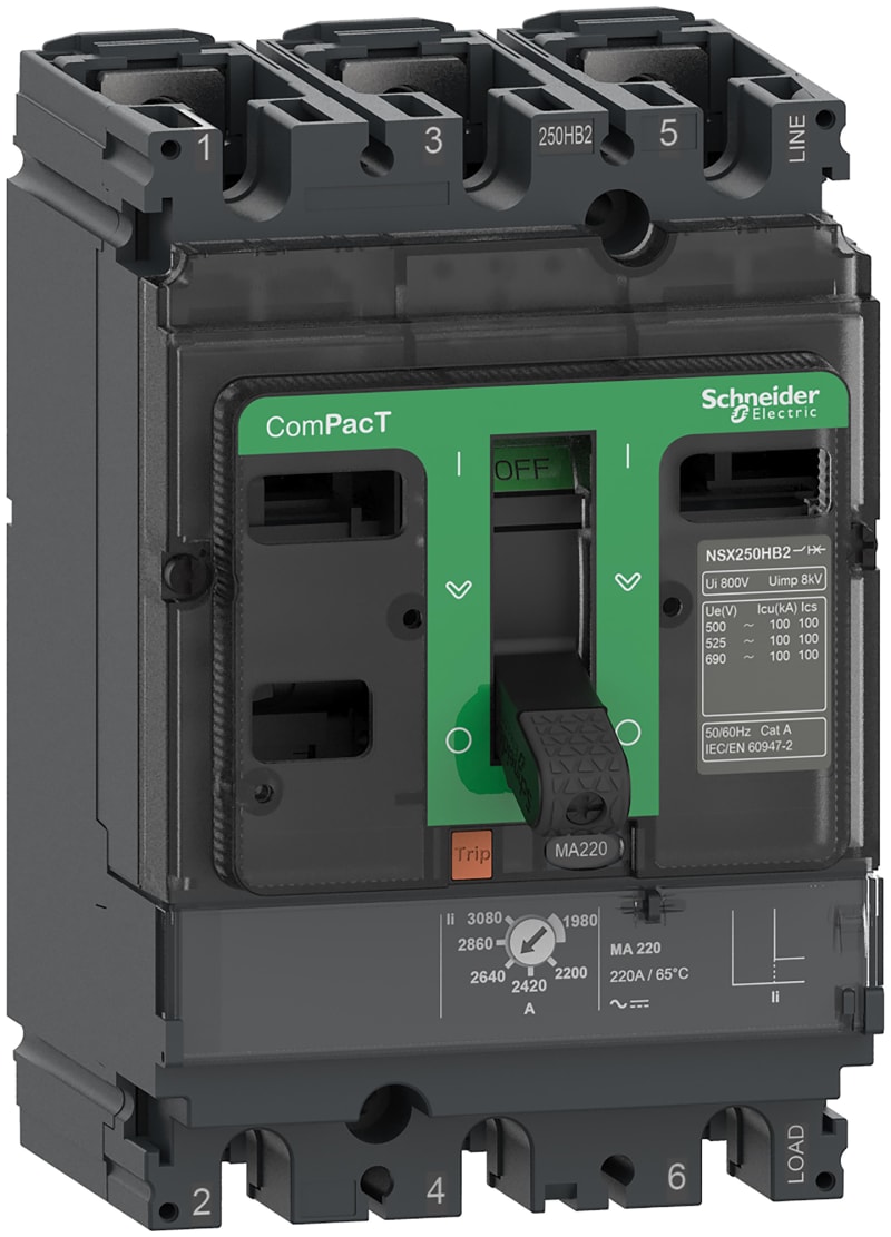 Schneider Electric Circuit breaker, ComPacT NSX250HB1, 75KA/690VAC, 3 poles, MA trip unit 150A C25V3MA150
