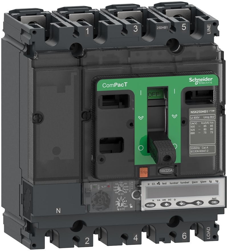 Schneider Electric Circuit breaker, ComPacT NSX250HB1, 75KA/690VAC, 3 poles, MicroLogic 6.2E-M trip unit 220A C25V36M220