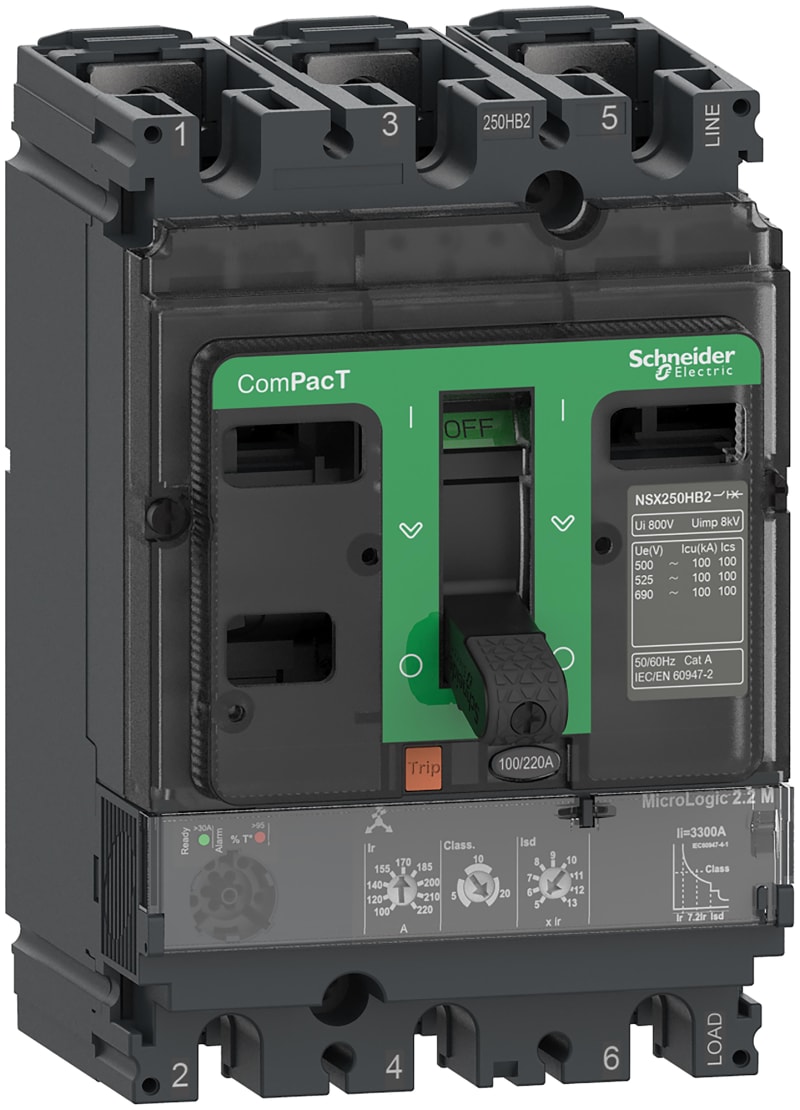 Schneider Electric Circuit breaker, ComPacT NSX100HB2, 100KA/690VAC, 3 poles, MicroLogic 2.2M trip unit 100A C10W32M100