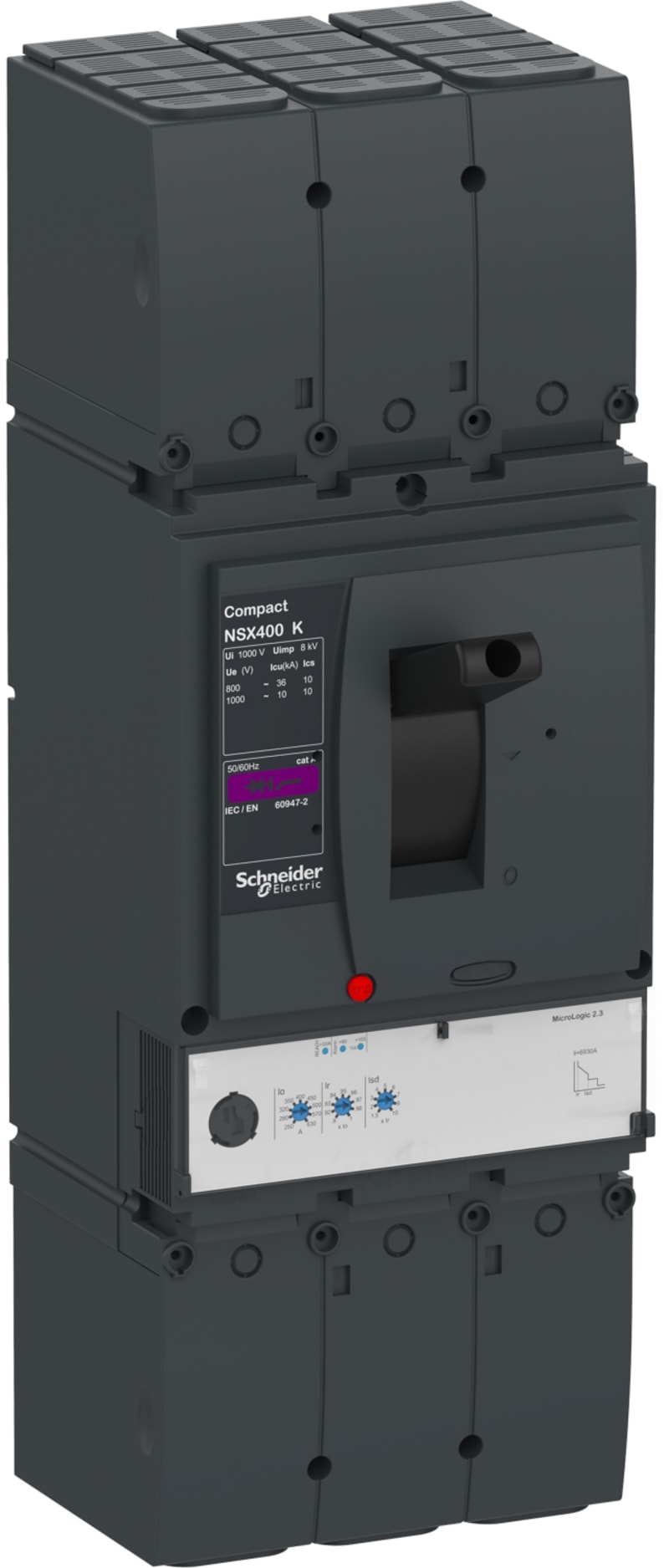 Schneider Electric Circuit breaker, ComPacT NSX400K, 36KA/800VAC, 10KA/1000VAC, 3 poles, MicroLogic 2.3 trip unit, 250A C40K32D250
