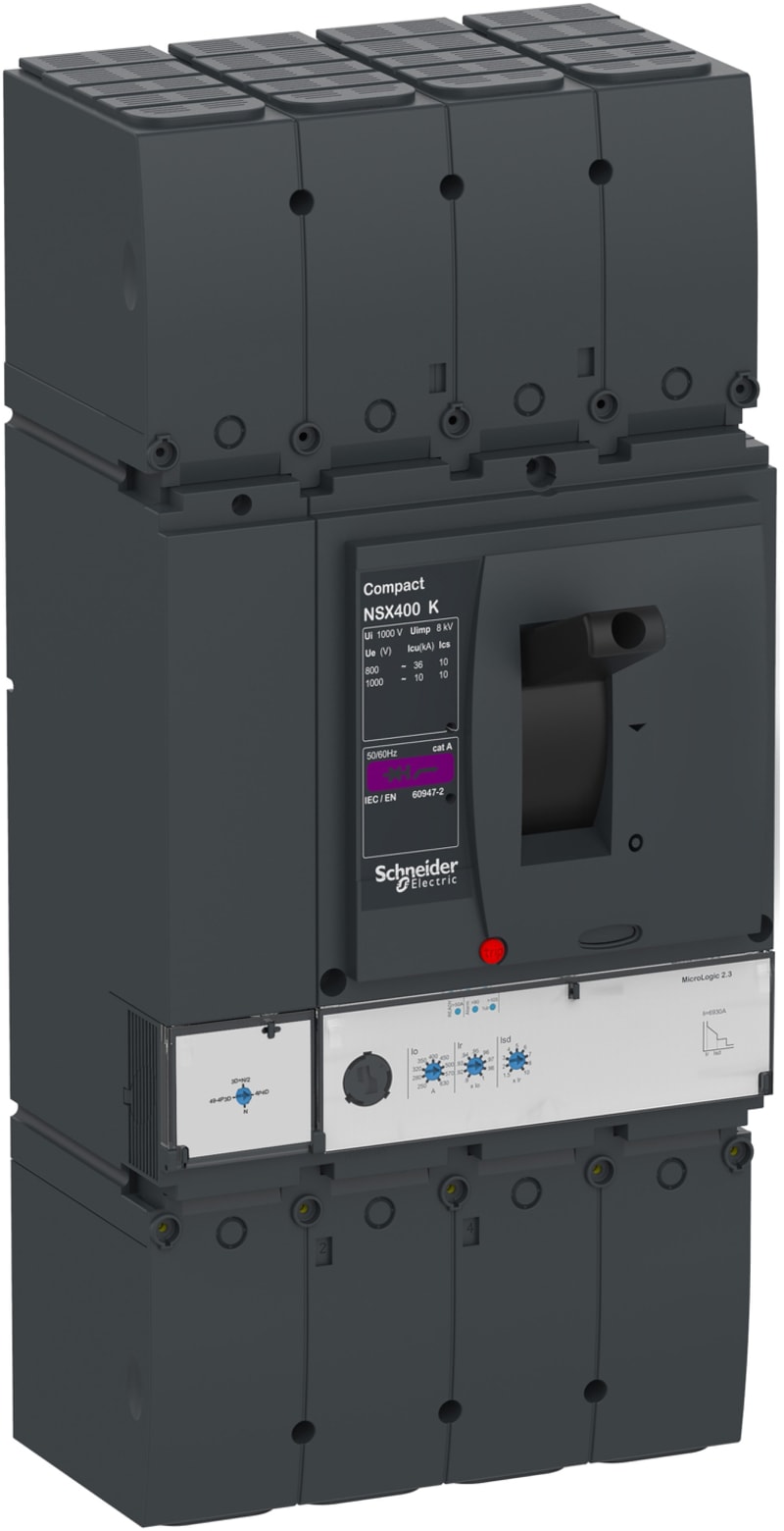 Schneider Electric Circuit breaker, ComPacT NSX400K, 36KA/800VAC, 10KA/1000VAC, 4 poles, MicroLogic 2.3 trip unit, 400A C40K42D400