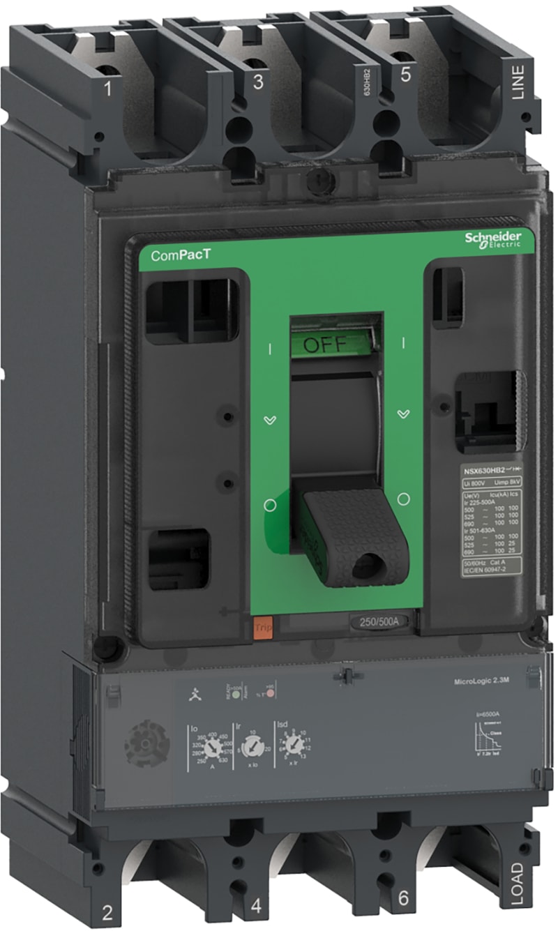Schneider Electric Circuit breaker, ComPacT NSX630R, 200KA/415VAC, 3 poles, MicroLogic 2.3M trip unit 500A C63R32M500