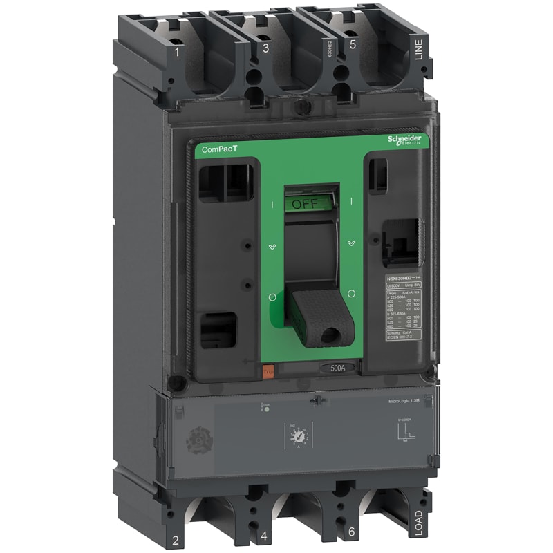 Schneider Electric Circuit breaker, ComPacT NSX630HB2, 100KA/690VAC, 3 poles, MicroLogic 1.3M trip unit 500A C63W31M500