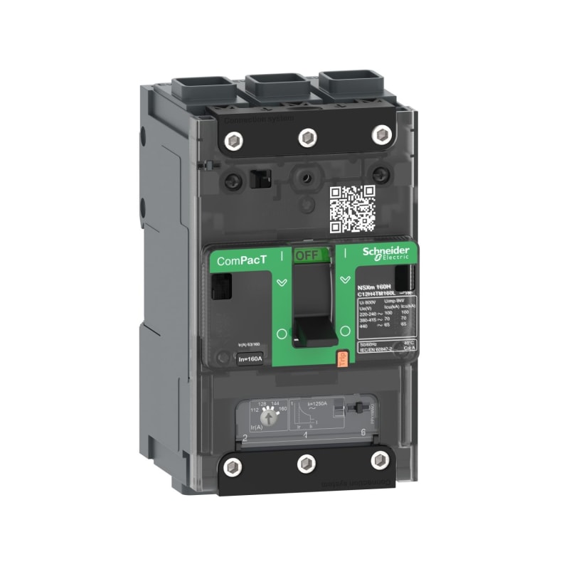 Schneider Electric Circuit breaker, ComPacT NSXm 160B, 25KA/415VAC, 3 poles, TMD trip unit 125A, EverLink lugs C12B3TM125L