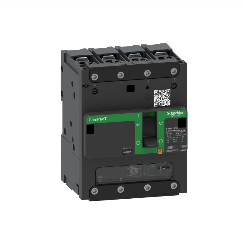 Schneider Electric Circuit breaker, ComPacT NSXm 160H, 70KA/415VAC, 4 poles 4D (neutral fully protected), TMD trip unit 160A, lugs/busbars C12H4TM160B