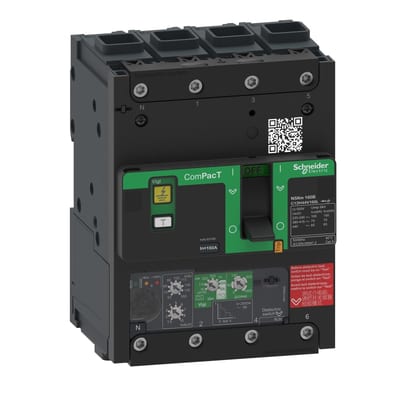 Schneider Electric circuit breaker ComPacT NSXm B (25 kA at 415 VAC), 4P 4D, 160 A rating Micrologic 4.1 trip unit, EverLink connectors C12B44V160L