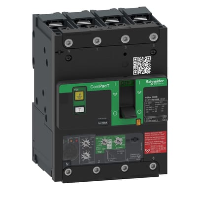Schneider Electric Circuit breaker, ComPacT NSXm 160B, 25KA/415VAC, 4 poles, MicroLogic 4.1 trip unit 100A, lugs/busbars C11B44V100B