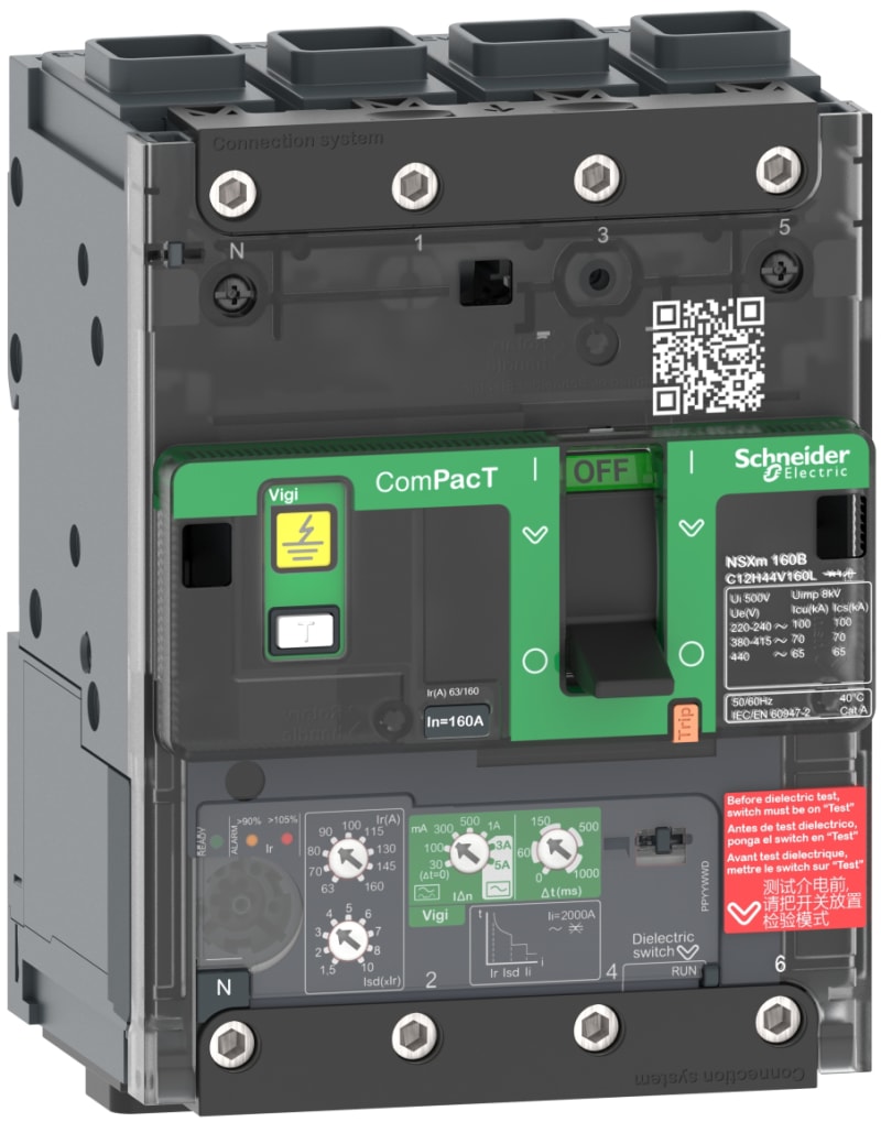 Schneider Electric Circuit breaker, ComPacT NSXm 63N, 50KA/415VAC, 4 poles, MicroLogic 4.1 trip unit 25A, EverLink lugs C11N44V025L