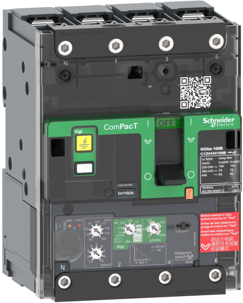 Schneider Electric Circuit breaker, ComPacT NSXm 160H, 70KA/415VAC, 4 poles, MicroLogic 4.1 trip unit 160A, lugs/busbars C12H44V160B