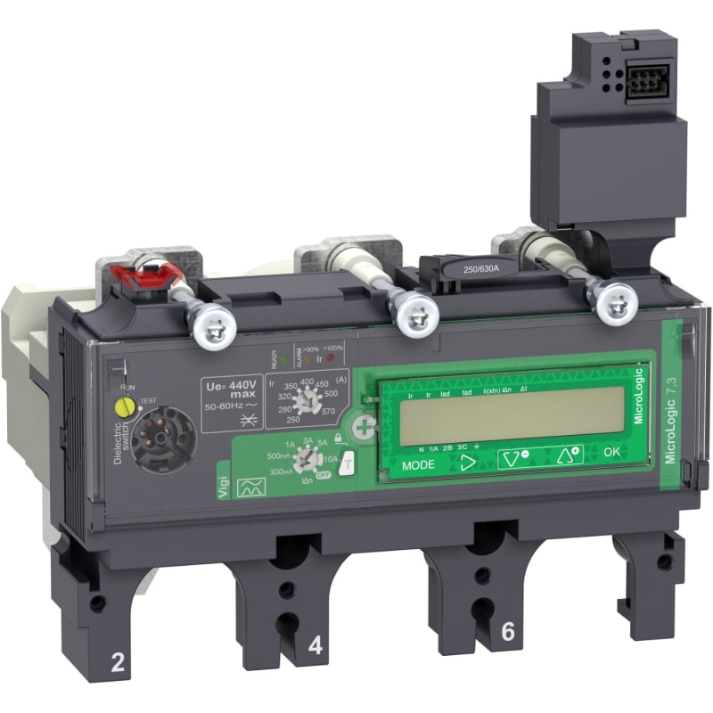 Schneider Electric Trip unit MicroLogic Vigi 7.3E, ComPacT NSX630, 3 poles, basic and earth leakage protections, energy meter, 570A rating C6337E570