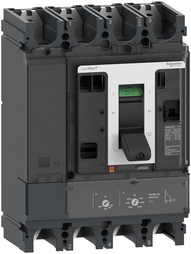 Schneider Electric Circuit breaker, ComPacT NSX630F DC, 36KA/750VDC, 4 poles, TM-DC trip unit 500A C63F4TM500D
