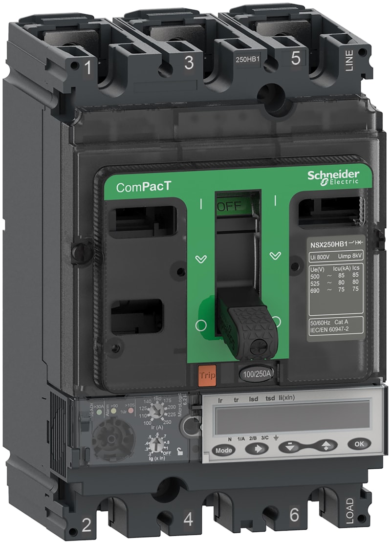 Schneider Electric Circuit breaker, ComPacT NSX250HB2, 100KA/690VAC, 4 poles, MicroLogic 6.2E trip unit 100A C25W46E100