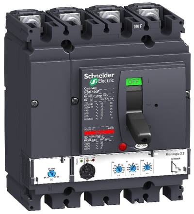 Schneider Electric circuit breaker ComPact NSX100N, 50 kA at 415 VAC, MicroLogic 2.2 trip unit 100 A, 4 poles 4D LV429805