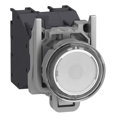 Schneider Electric Complete illuminated push button, Harmony XB4 - ATEX D, metal, white flush, 22mm, spring return, booted, 1NO, 24...254V AC/DC XB4BP183BM5GEX
