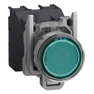 Schneider Electric Complete illuminated push button, Harmony XB4 - ATEX D, metal, green flush, 22mm, spring return, booted, 1NO, 24...254V AC/DC XB4BP383BM5GEX